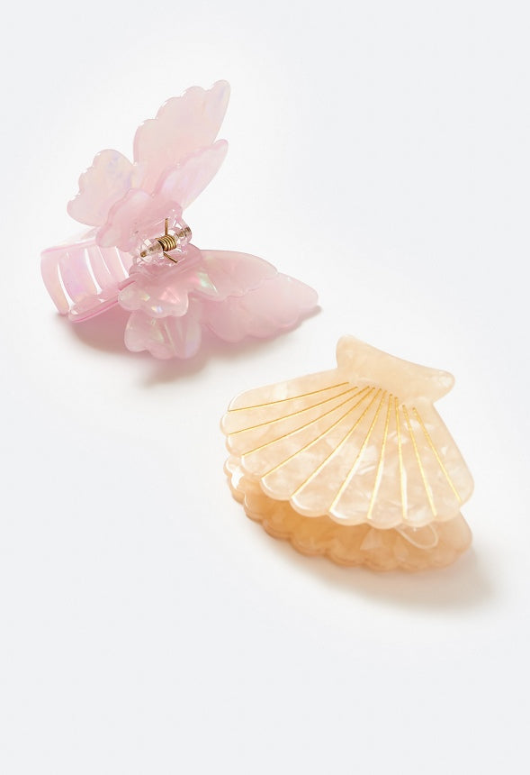 2-Pack Dala Butterfly And Shell Pearlized Hair Claws Pink/ Cream Resin