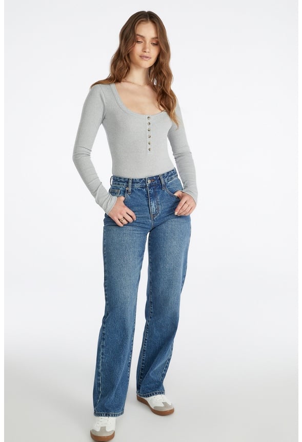 Scoop Neck Henley Bodysuit Heather Grey