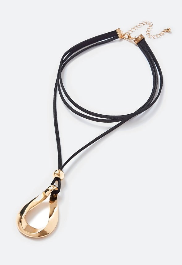 Ora Fixed Suede Lariat With Organic Ring Pendant Necklace Black/ Gold