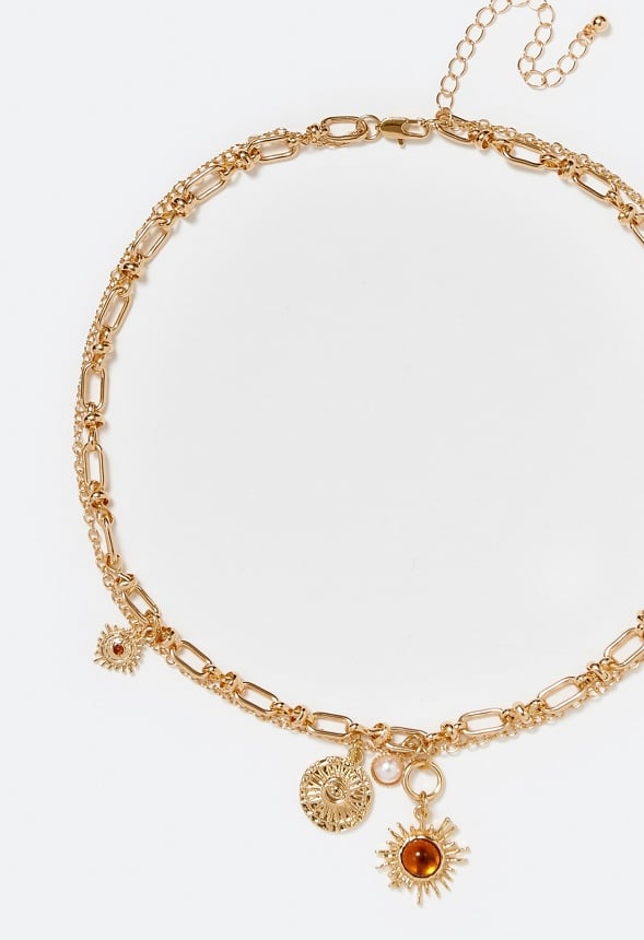 2-Row Sky Chain Necklace With Brown Inlay Sun Drop Brown/ Gold