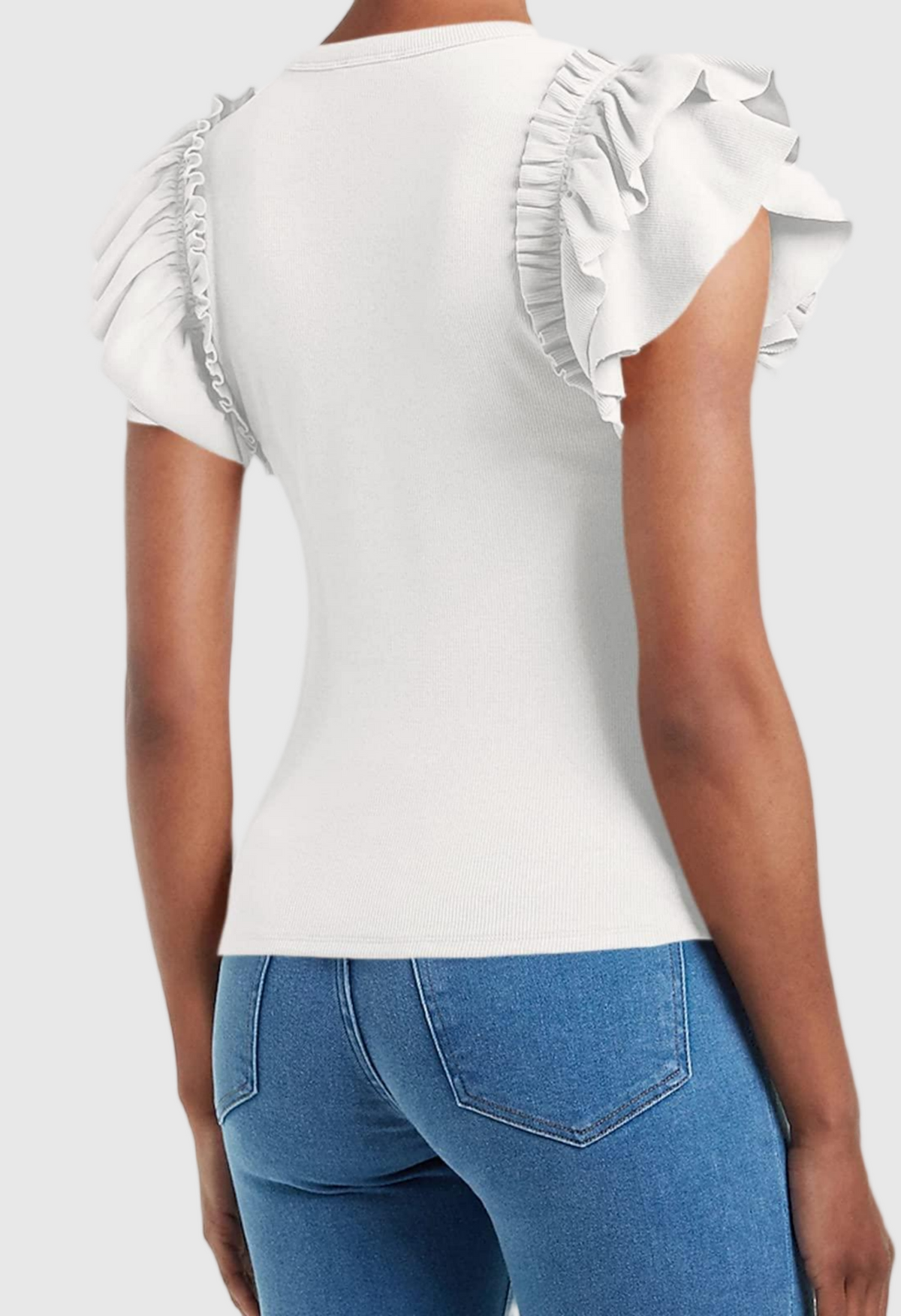 Women Ruffle Slim-Fit Short Sleeve High-Neck Ribbed Top