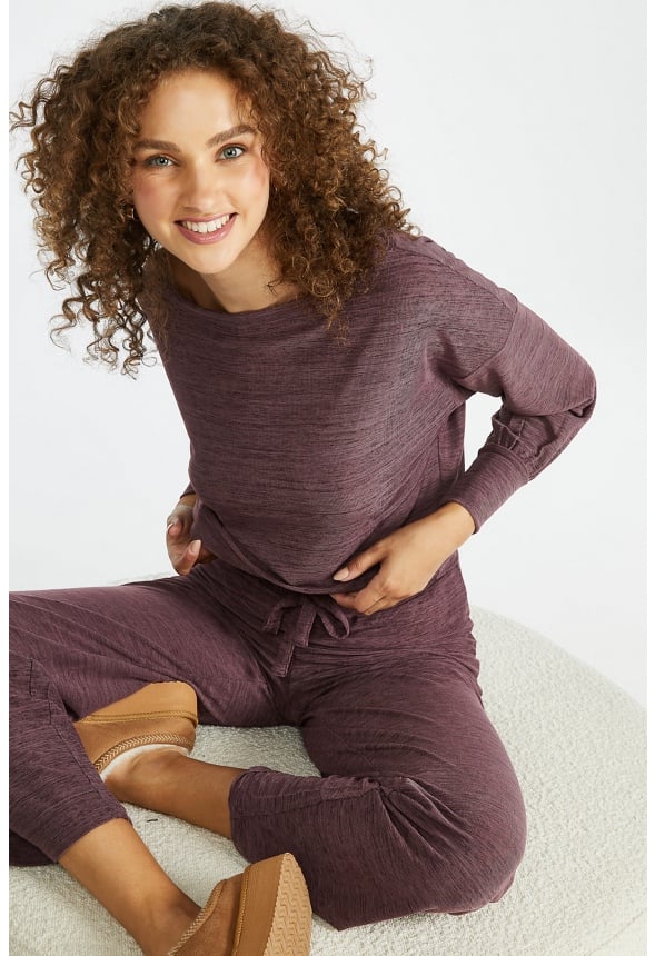 Off Shoulder Wide Leg Lounge Set Mulberry Heather