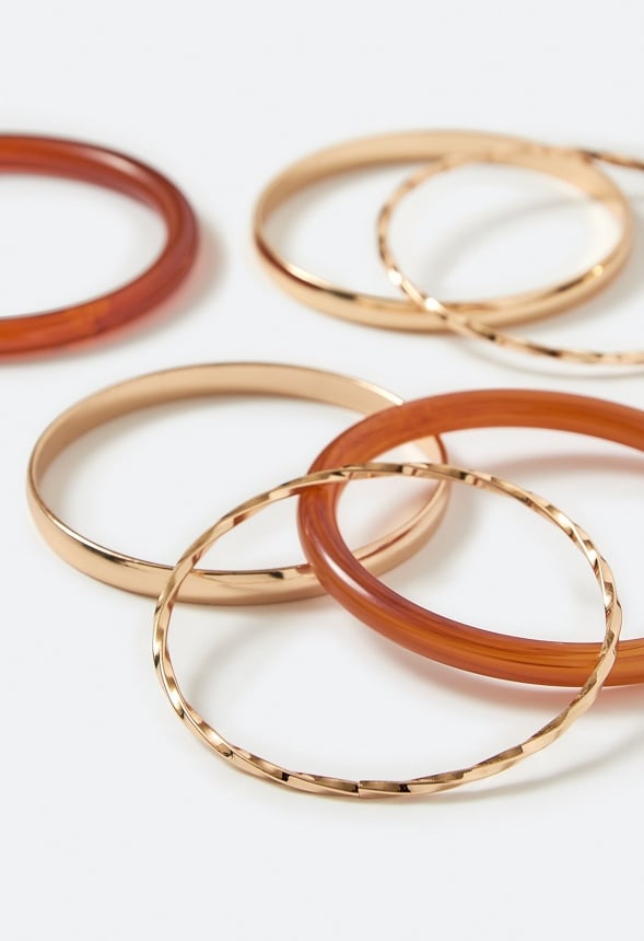 Jovie Resin And Mixed Texture Metal Bangle Set Brown/ Gold