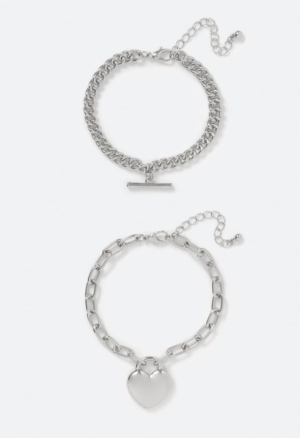 2-Pack Bria Heart and T-Bar Chain Bracelet Set Silver