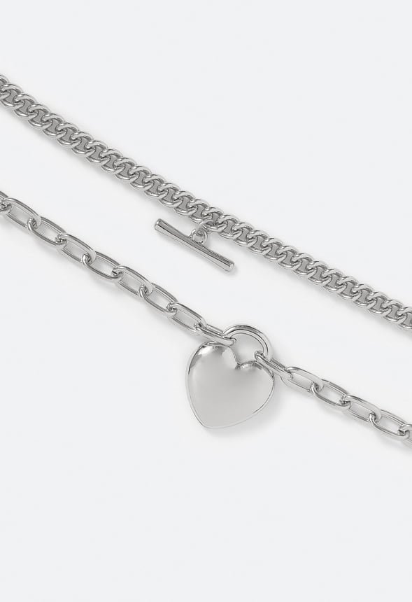 2-Pack Bria Heart and T-Bar Chain Bracelet Set Silver