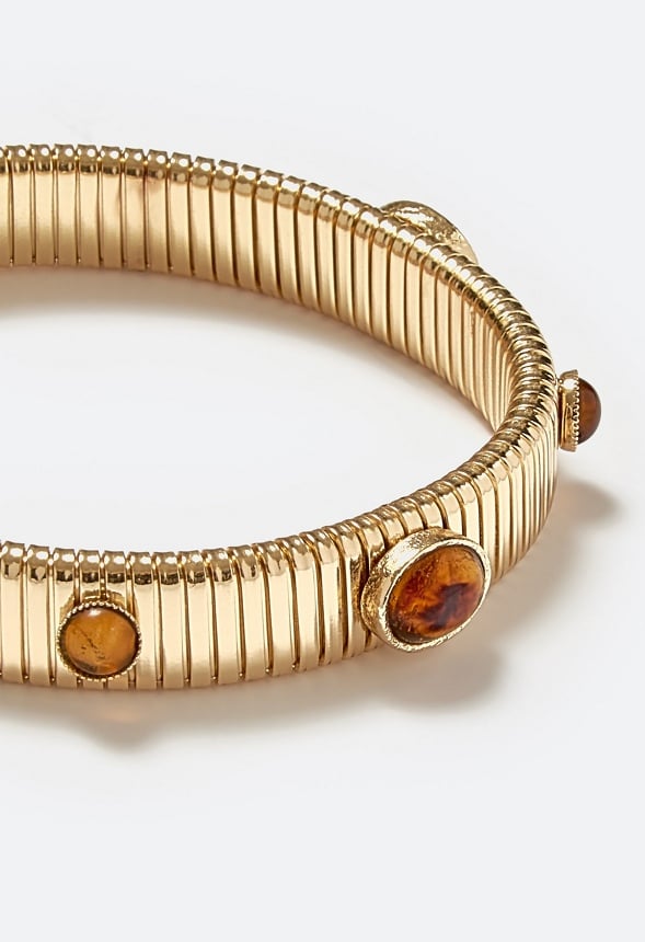 Cary Tonal Colour Glass Stones Ribbed Stretch Bracelet Brown/ Gold