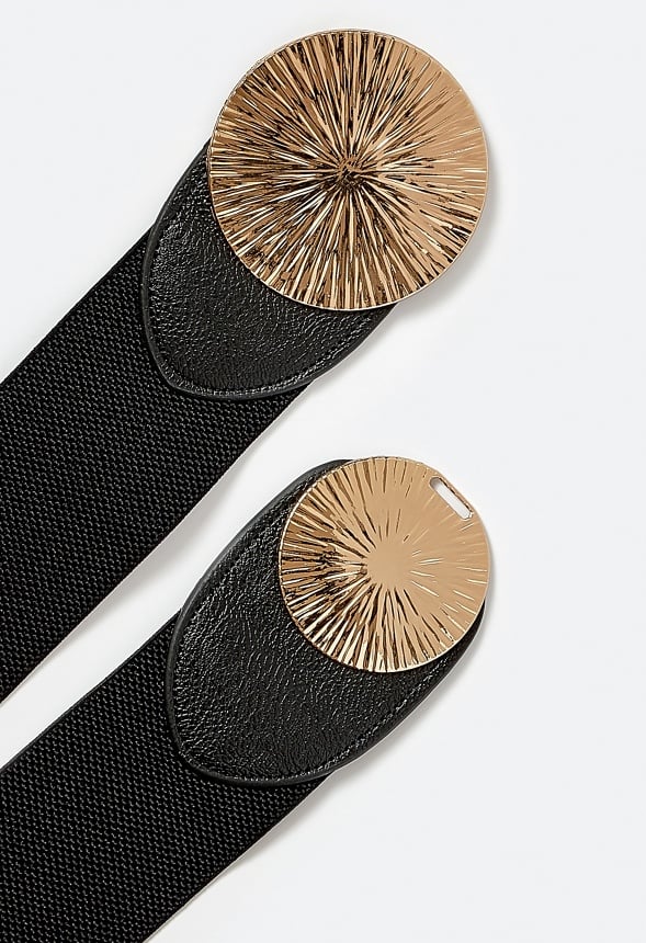 Hala Elasticated Waist Belt With Double Disc Buckle With Sunburst Design Black