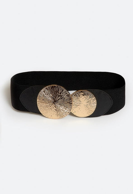 Halo Elasticated Waist Belt With Double Disc Buckle With Sunburst Design Black