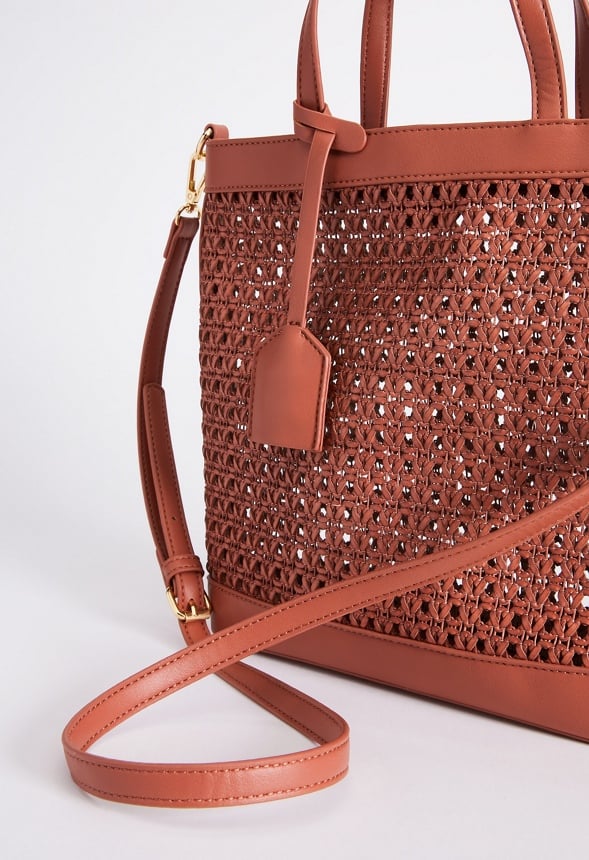 Woven Crossbody Tote Leather Brown