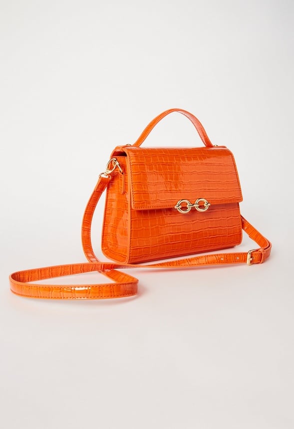 Chain Hardware Top Handle Crossbody Mandarin Orange Croc