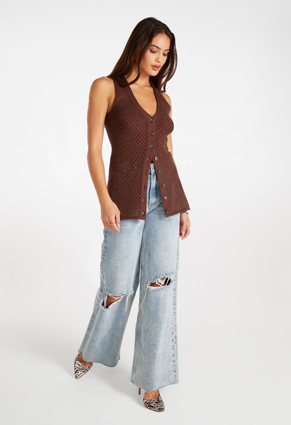 Button Front Crochet Tunic Cappuccino