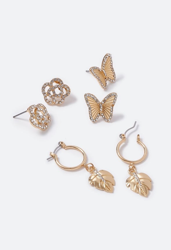 Daphne Butterfly and Leaf Mix Earrings Multipack Gold