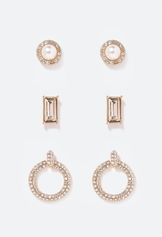 3-Pair Pack Egypt Rhinestone & Pearl Stud Earrings Crystal/ Gold