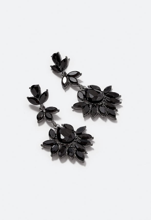 Elina Glass Stones Floral Drop Earrings Jet/ Gunmetal