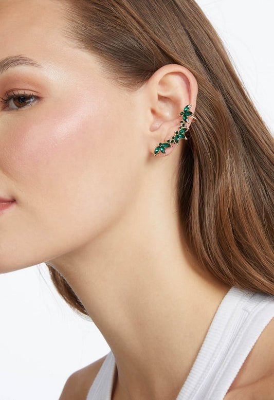 Mina Glass Navette Stone Ear Climber Emerald/ Gold