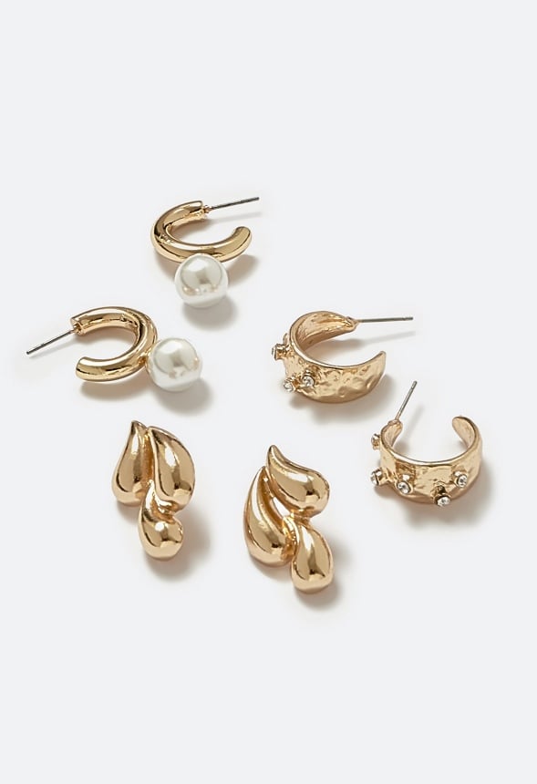 Dori 3 Pairs Pack Glass Pearl & Stones Hoops With Molten Drop Earrings Cream/ Gold