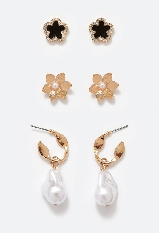 3-Pairs Demi Pack Mixed Studs And Pearl Hoops Earrings Black/ Cream/ Gold