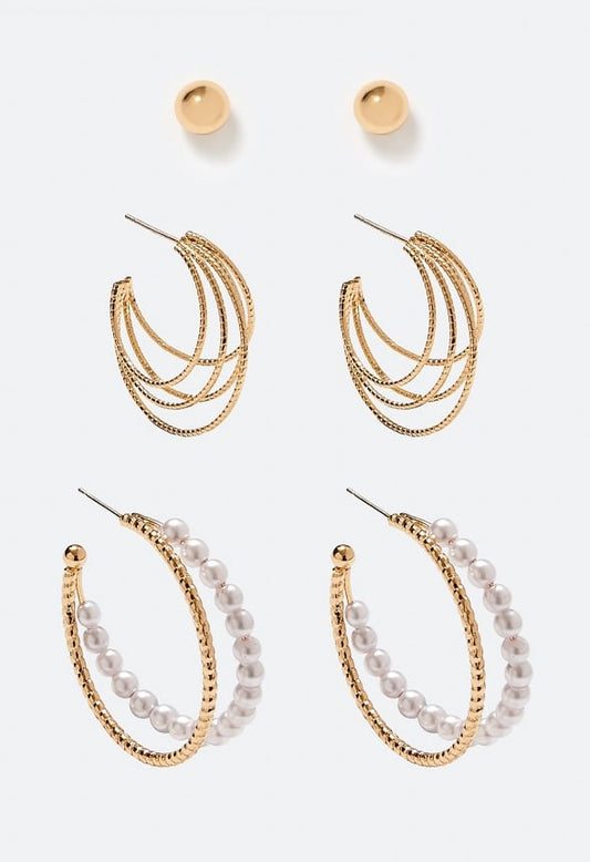 3 Pair Ada Mix Hoops and Domed Stud Earrings Pack Cream/ Gold