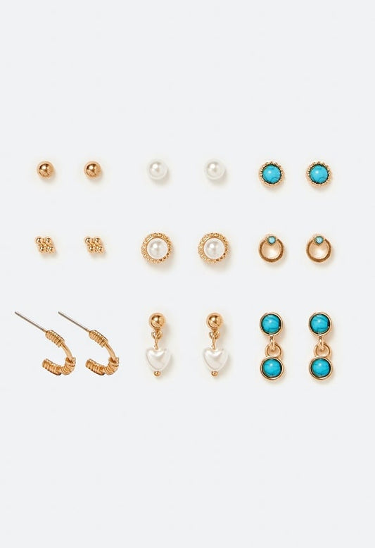 9-Pairs Bea Mix Pearl And Stud Earrings Pack Cream/ Turquoise/ Gold