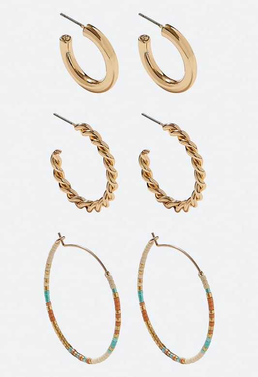 3-Pairs Pack Of Lara Mix Hoop Earrings With Glass Beads Cream/ Blue Mix/ Gold