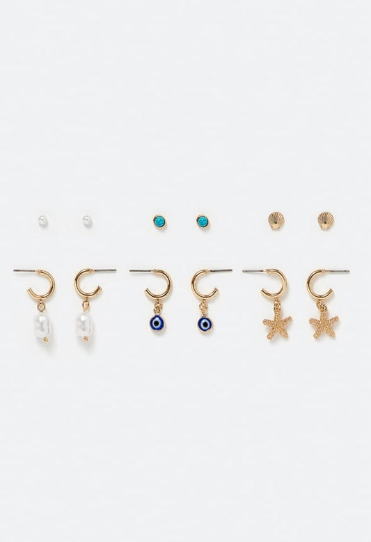 6-Pairs Pack Of Fay Mix Shell And Evil Eye Earrings Cream/ Turquoise/ Gold