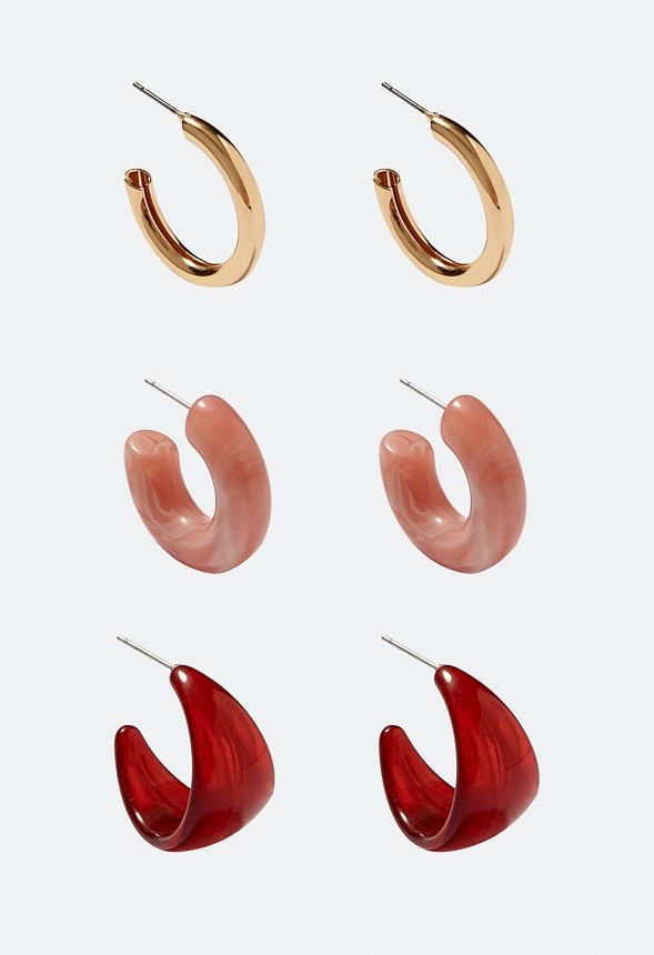 3-Pair Emme Mixed Resin And Metal Hoop Earrings Burgandy/ Pink/ Gold