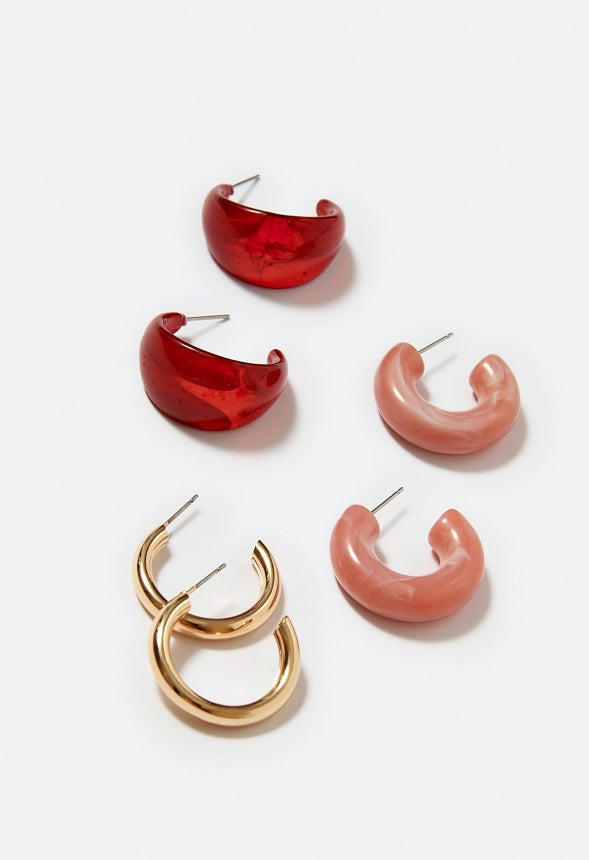 3-Pair Emme Mixed Resin And Metal Hoop Earrings Burgandy/ Pink/ Gold