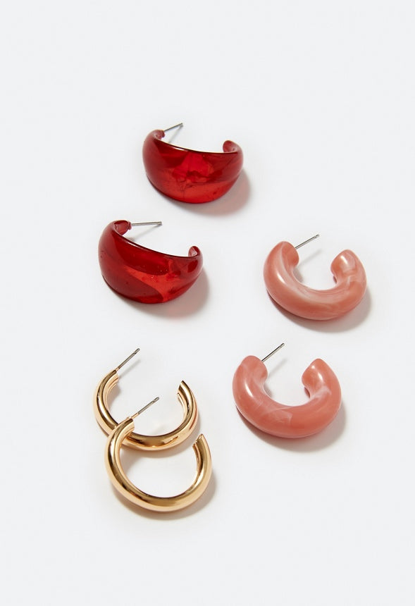 3-Pair Emme Mixed Resin And Metal Hoop Earrings Burgandy/ Pink/ Gold