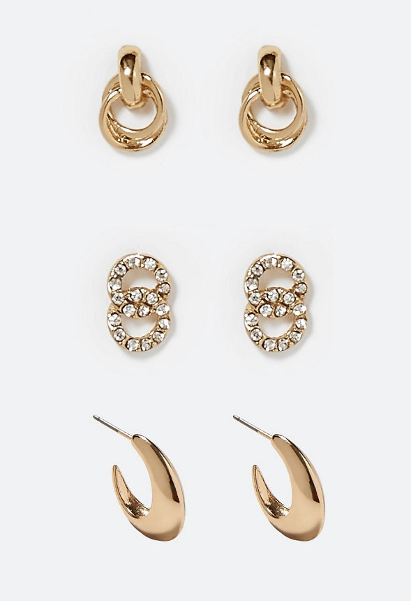 Fay 3 Pair Mixed Stud and Teardrop Earring Set Crystal/Gold