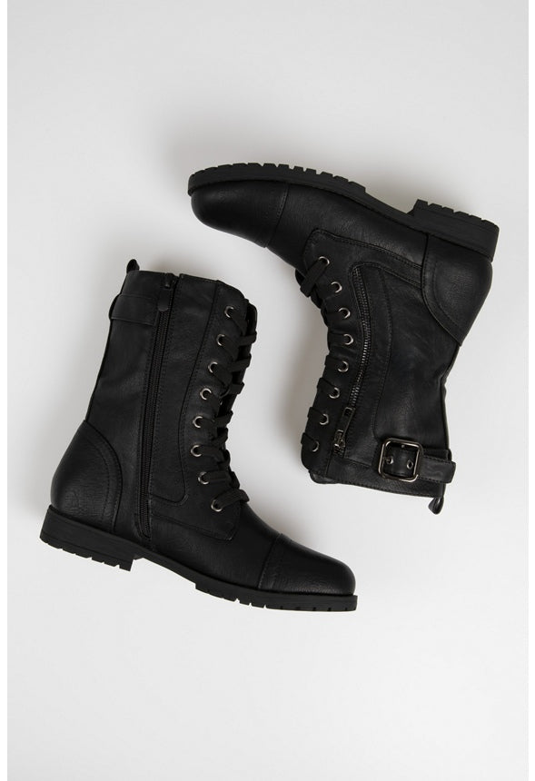 Lace Up Flat Combat Boot Black
