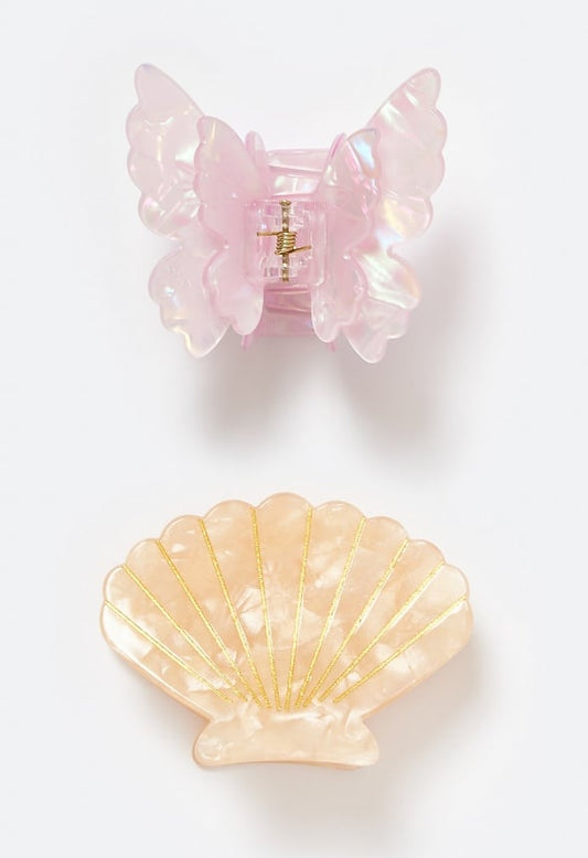 2-Pack Dala Butterfly And Shell Pearlized Hair Claws Pink/ Cream Resin