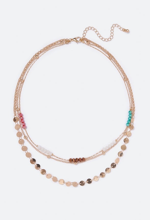 Skyla Beads and Chain Layered Necklace Pink/ Teal/ Gold