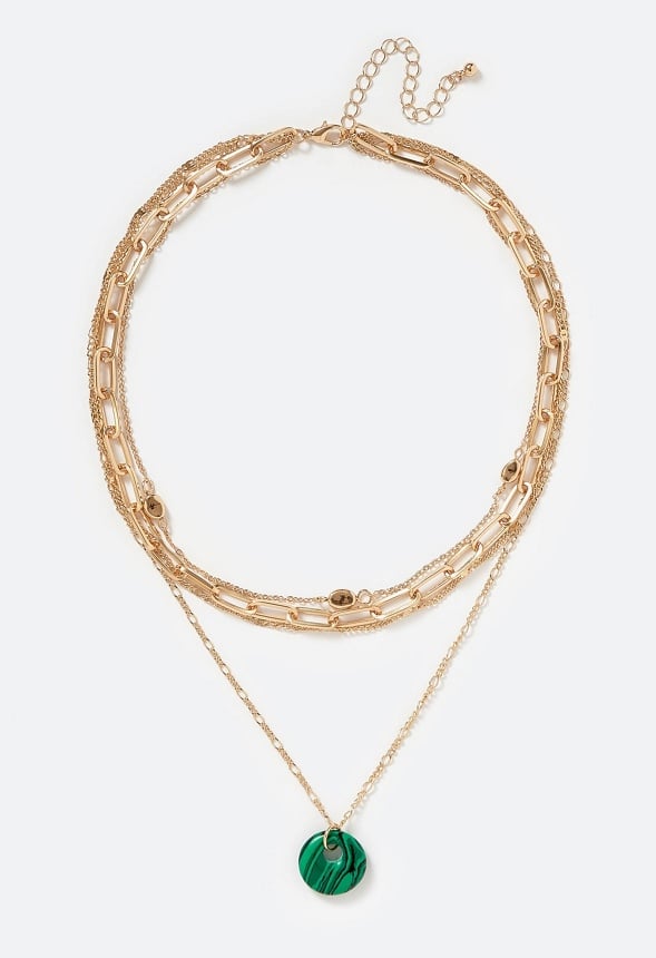 Raya Layered Chain Necklace With Semi Precious Rose Quartz Disc Drop Malachite/ Gold