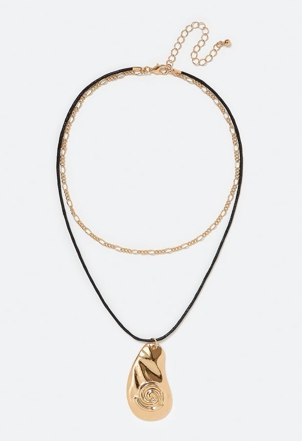 2-Rows Jazz Ammonite On Cord And Figaro Chain Necklace Gold/ Black