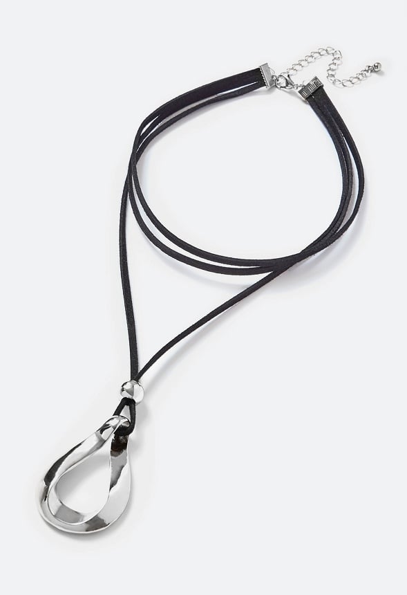 Ora Fixed Suede Lariat With Organic Ring Pendant Necklace Black/ Gold