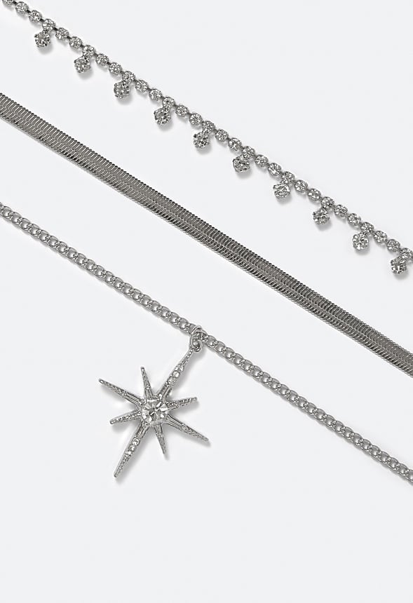 Alba 3 Row Celestial Motif And Glass Cupchain Necklace Crystal/ Silver