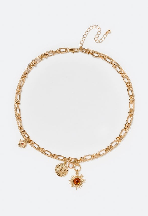 2-Row Sky Chain Necklace With Brown Inlay Sun Drop Brown/ Gold