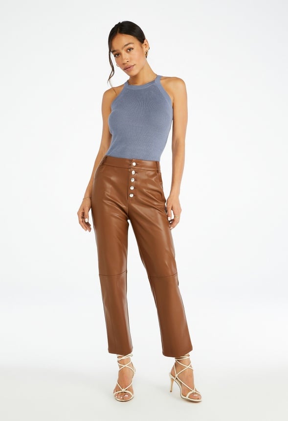 Faux Leather Straight Crop Trousers Coffee