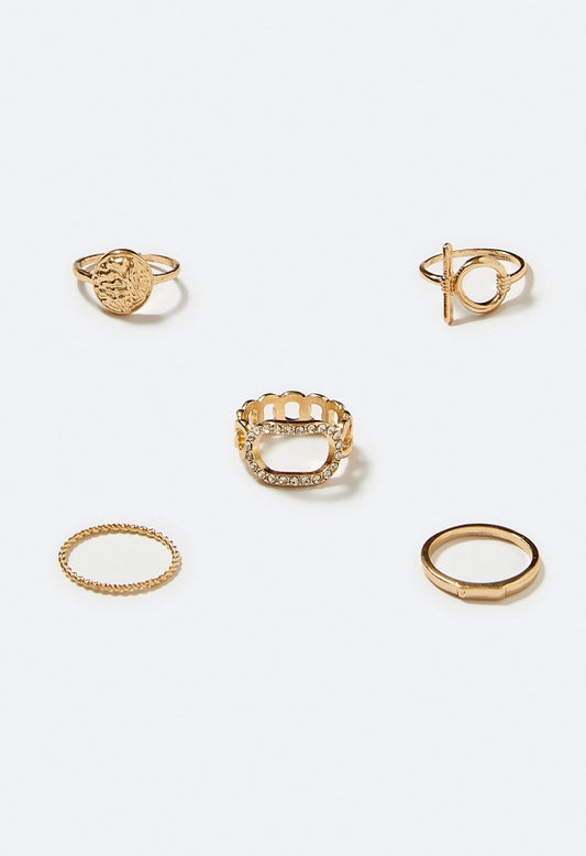 6-Mixed Anya Rhinestone And Organic Metal Rings Set Crystal/ Gold