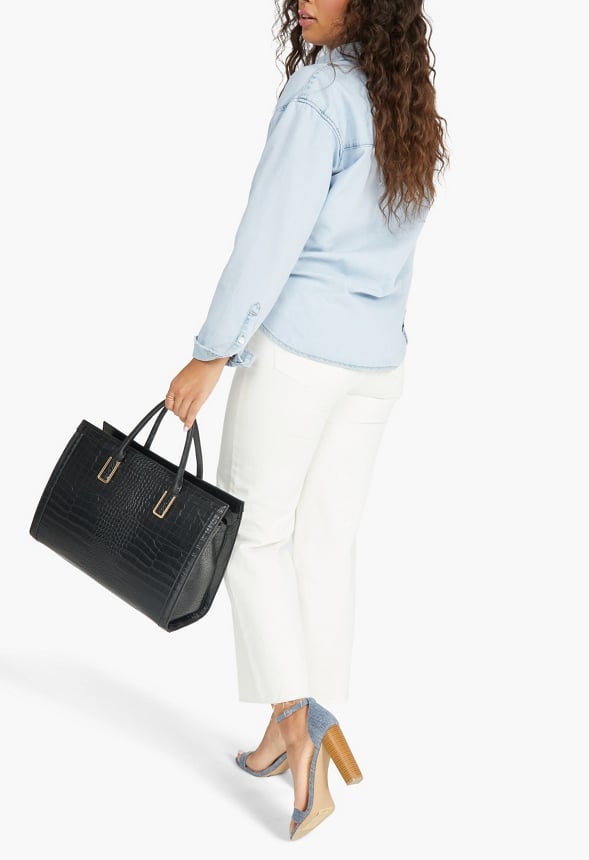 Paneled Satchel With Bracket Handles Black