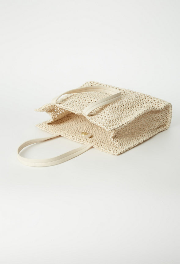 Woven Satchel With Flat Handles Birch White