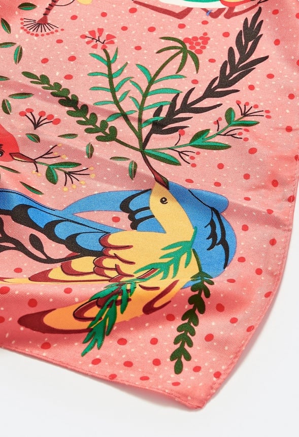 Eli Multicoloured Birds Print Silk Like Scarf Orange Mix/ Fabric