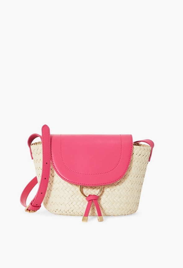 Raffia Flapover Shoulder Bag Natural/Fuchsia