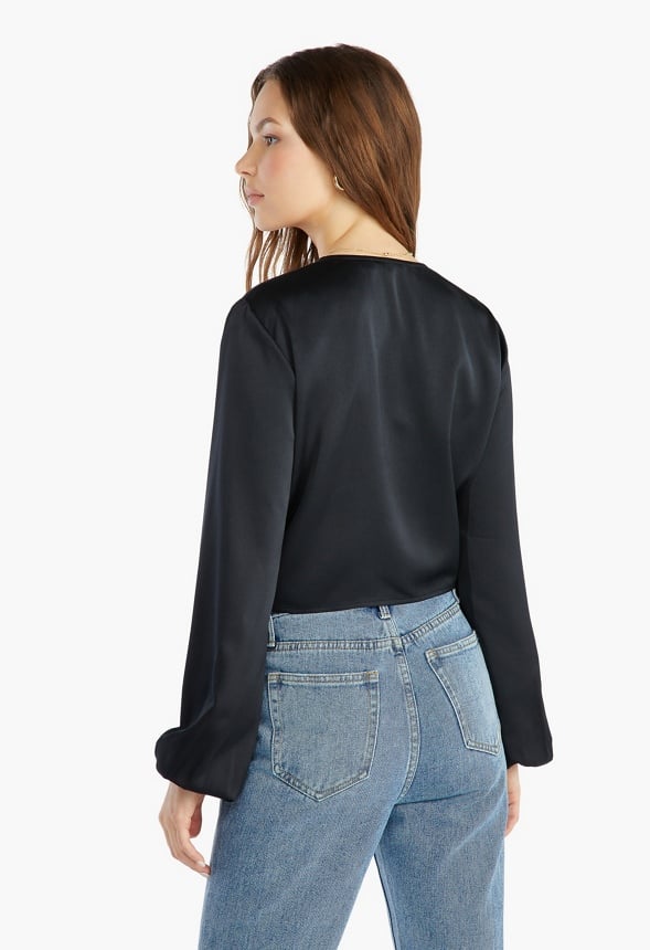 Front Tie Blouson Sleeve Blouse Black Caviar