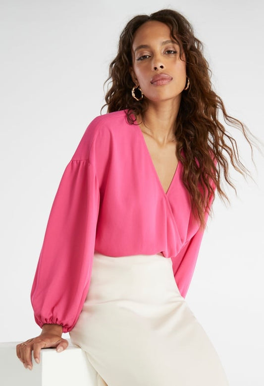 Surplice Blouson Sleeve Blouse Fuchsia